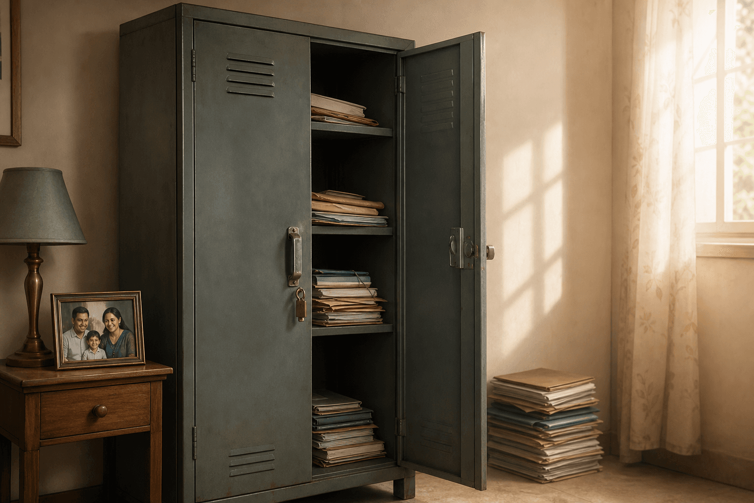 Open steel almirah with family financial papers